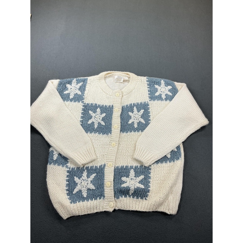 Needles & Yarn Cardigan‎ Sweater Womens Medium White Blue Snowflake Holiday Knit
